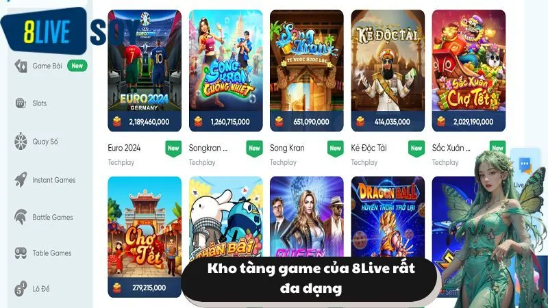 Kho tàng game của 8Live rất đa dạng